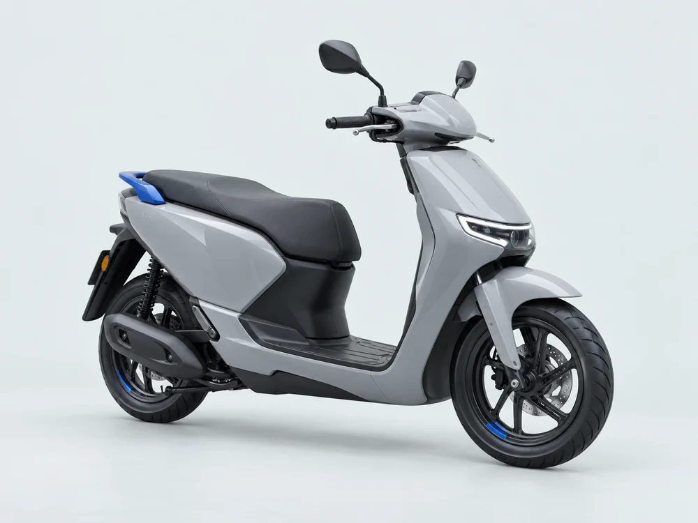 Scooter urbain gris clair aux détails bleus
